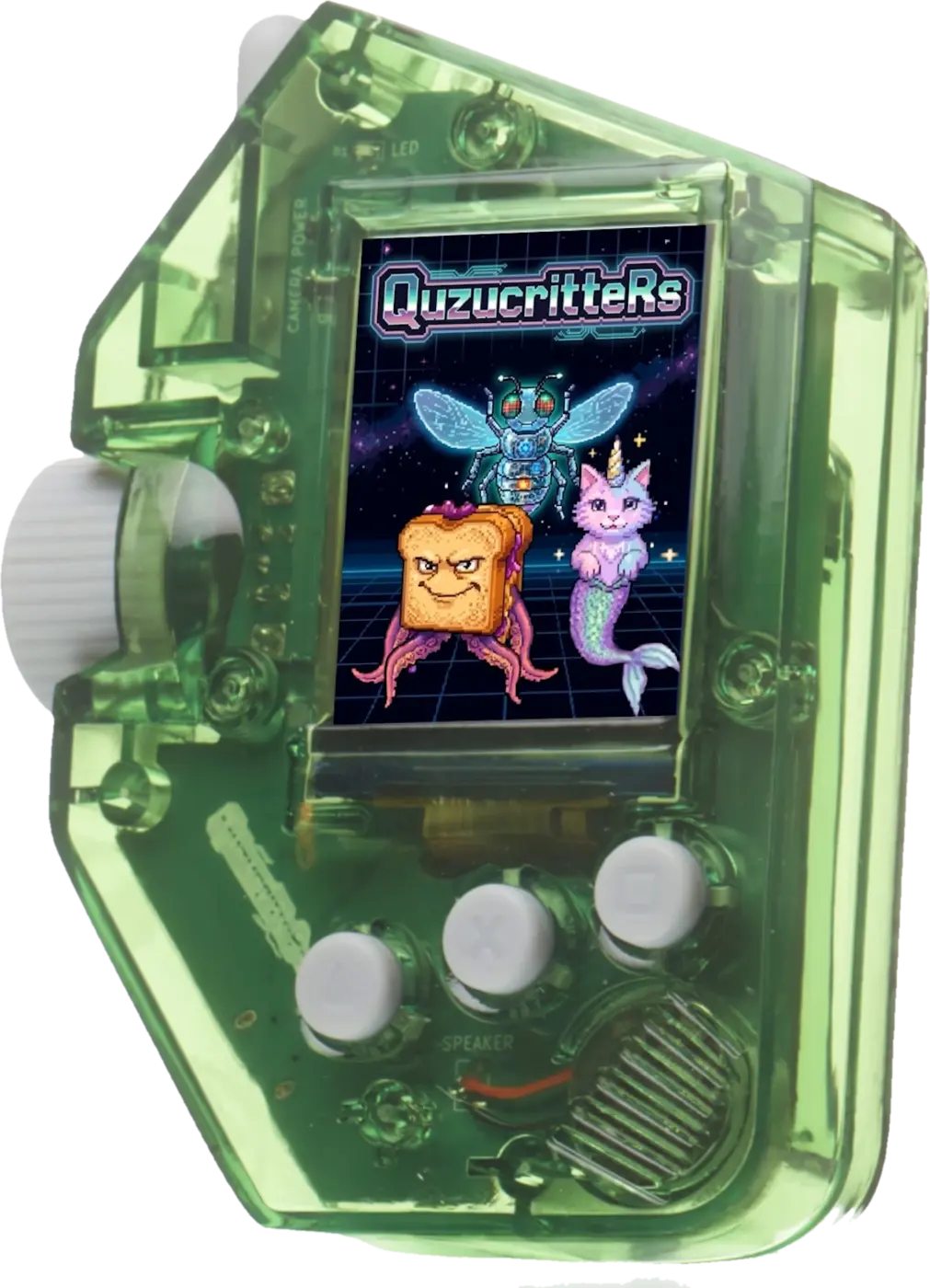 QuzucritteRs handheld scanner: a translucent green device with a colour screen showing pixel-art creatures
